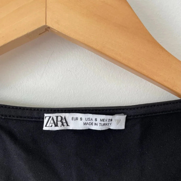 Zara Ruched Bodycon Long Sleeve V  Neck Bodysuit Black Size Small - Picture 6 of 7